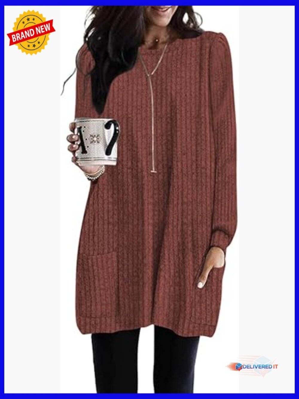 Long Tunic Sweater with Pockets, Relaxed Fit, Soft Rayon Blend